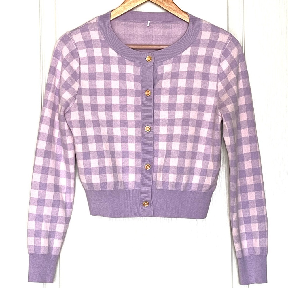 Purple Gingham Knit Cardigan Sz M Preppy Checkered Wardrobe Staple Quiet Luxury